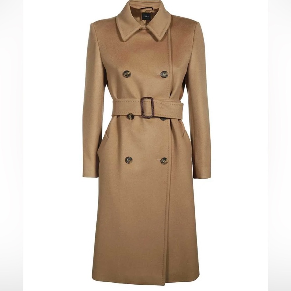 Weekend Max Mara Camel Tan Double-Breasted Wool Trench Coat with Belt